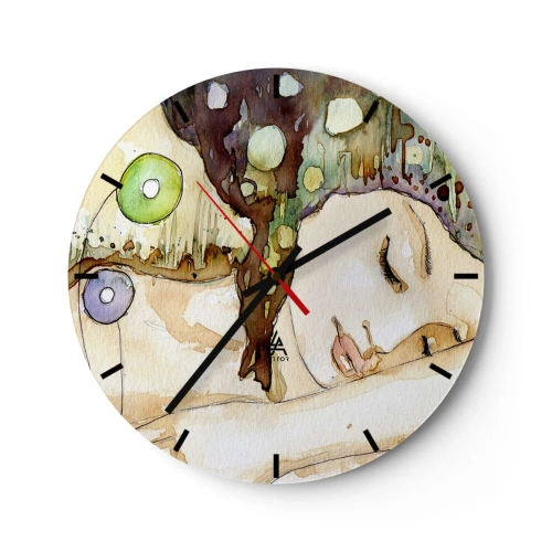 Ceas de perete - Ceas pe sticlă - Pictură abstractă în acuarelă cu motivul unei fețe feminine - 30x30cm - Visul violet smarald - Decorațiune modernă pentru perete pentru living, bucătărie și dormitor ARTTOR