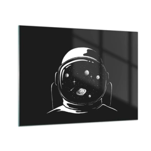 Tablou pe sticlă - Astronaut cu stele și planete în cască pe fundal negru - 70x50cm - Mișto priveliște - Decorațiune modernă pentru perete pentru living și dormitor ARTTOR