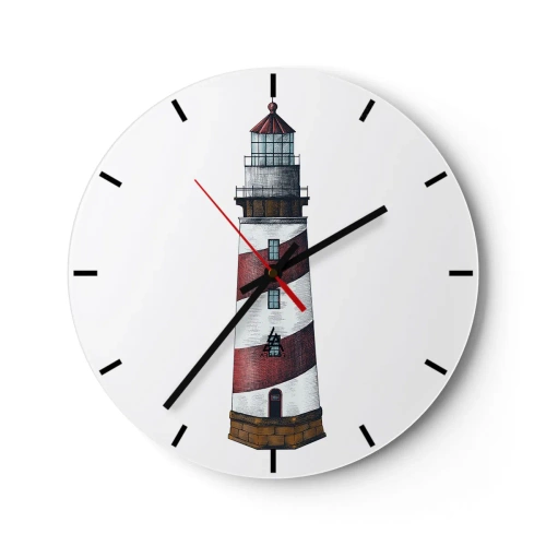 Ceas de perete - Ceas pe sticlă - Un far cu dungi roșii și albe pe fundal alb - 30x30cm - Întotdeauna de veghe - Decorațiune modernă pentru perete pentru living, bucătărie și dormitor ARTTOR