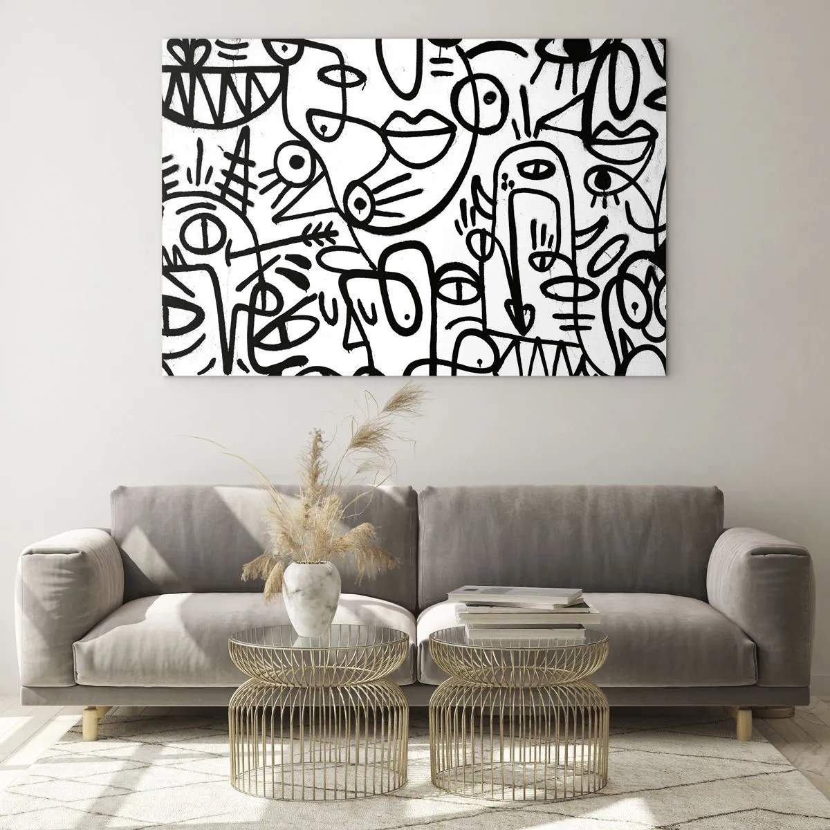 Tablou pe sticlă - Abstracție alb-negru cu ochi, fețe și linii - 70x50cm - Chipuri și miraje - Decorațiune modernă pentru perete pentru living și dormitor ARTTOR