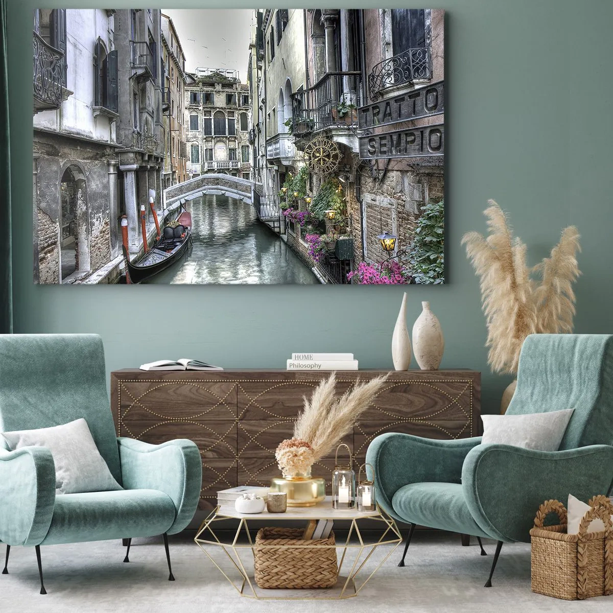 Tablou pe pânză Canvas - Canal venețian cu gondolă și pod de piatră - 70x50cm - Timp de secole în reverie tăcută - Decorațiune modernă pentru perete pentru living și dormitor ARTTOR