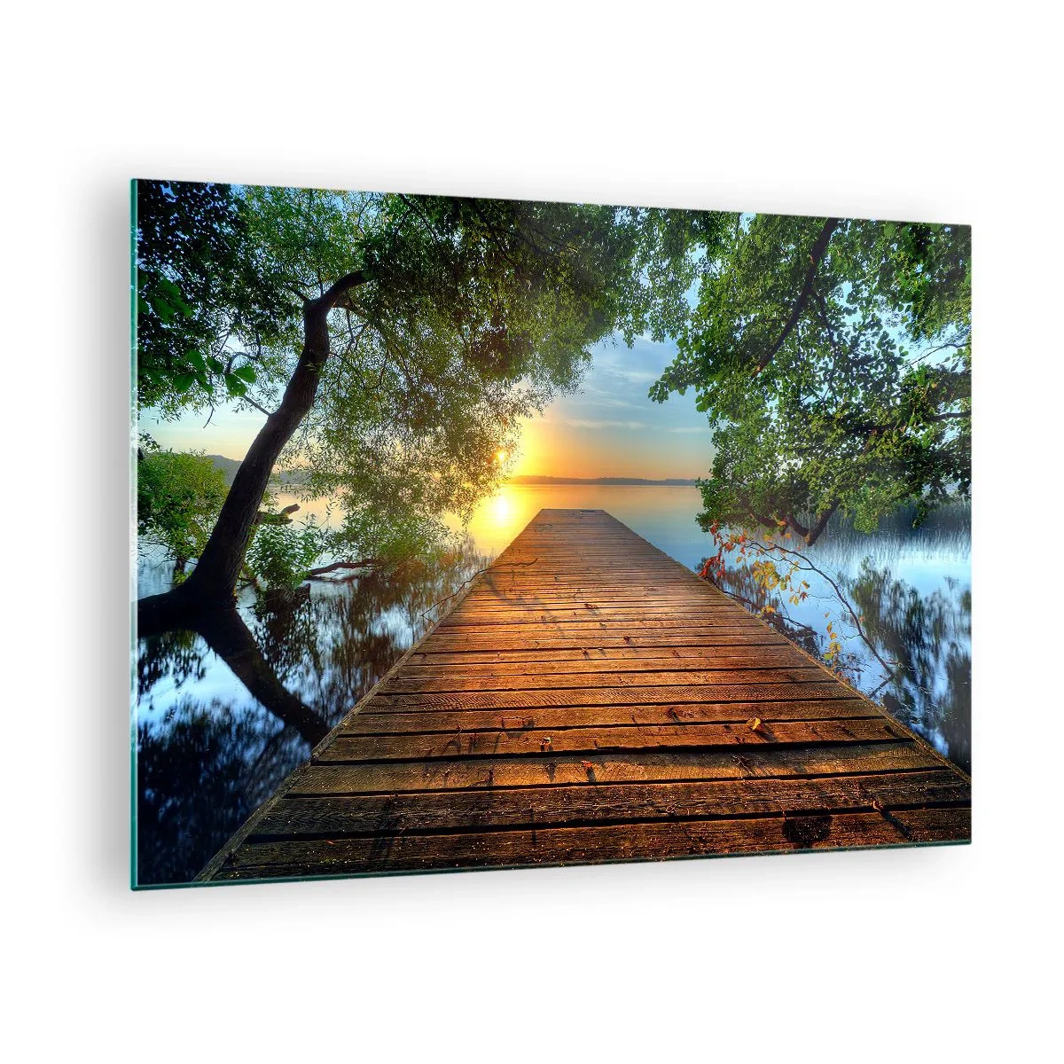 Tablou pe sticlă - ponton de lemn peste lac la apus - 70x50cm - Nu te grăbi, stai jos - Decorațiune modernă pentru perete pentru living și dormitor ARTTOR