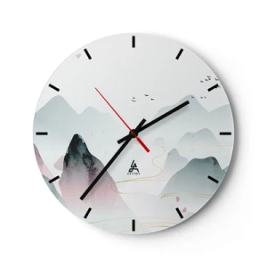 Ceas de perete - Ceas pe sticlă - Un peisaj montan minimalist în nuanțe pastelate cu păsări în zbor. - 30x30cm - Peste vârfuri - Decorațiune modernă pentru perete pentru living, bucătărie și dormitor ARTTOR