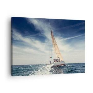 Tablou pe pânză Canvas - O barcă cu pânze pe o mare furtunoasă sub un cer albastru - 70x50cm - Nu ne vor prinde din urmă! - Decorațiune modernă pentru perete pentru living și dormitor ARTTOR