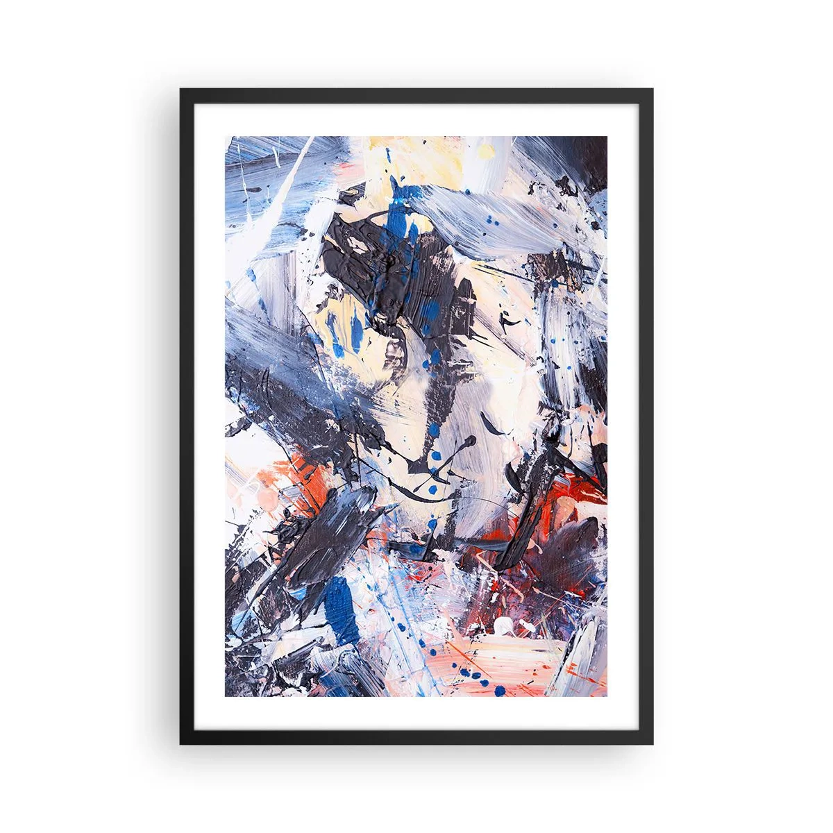 Poster în ramă neagră - Compoziție abstractă în nuanțe de albastru și portocaliu - 50x70cm - Dansul nebun al abstracției - Decorațiune modernă pentru perete pentru living și dormitor ARTTOR
