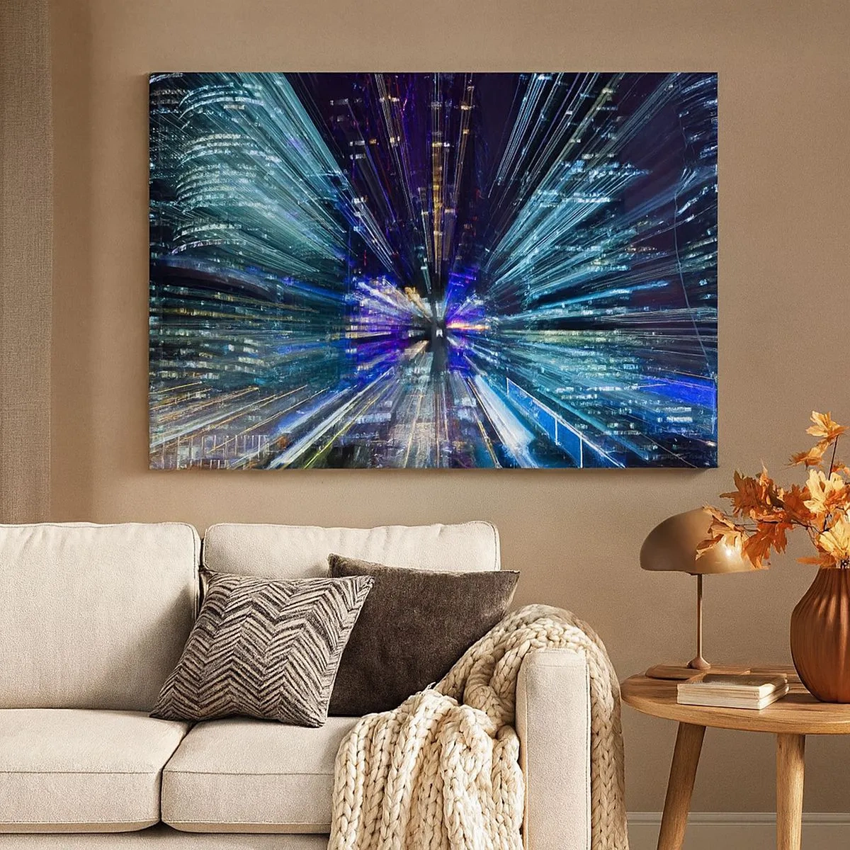 Tablou pe pânză Canvas - Vedere dinamică a orașului noaptea cu efect de iluminare - 70x50cm - Trecere către hiperspațiu - Decorațiune modernă pentru perete pentru living și dormitor ARTTOR