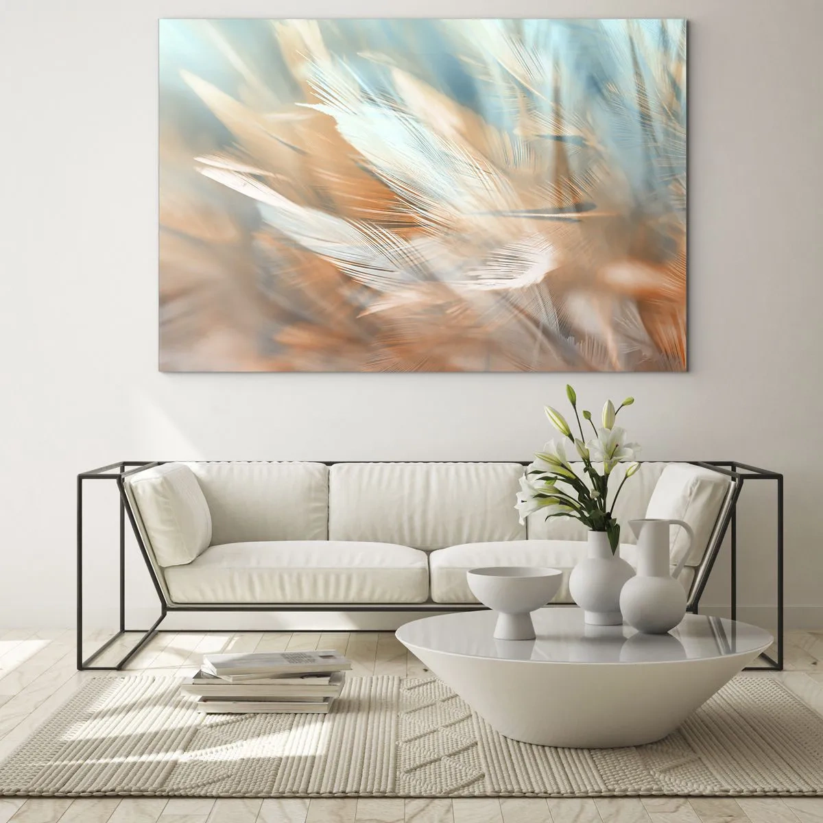 Tablou pe sticlă - Pene delicate în nuanțe pastelate de turcoaz și piersică - 70x50cm - În țara blândeții - Decorațiune modernă pentru perete pentru living și dormitor ARTTOR