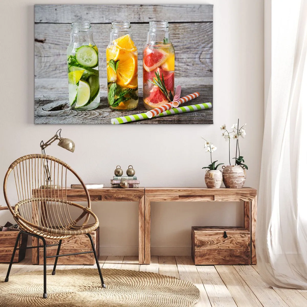 Tablou pe pânză Canvas - Sticle de apă cu fructe și ierburi pe un fundal de lemn - 70x50cm - Sănătoase prin natura - Decorațiune modernă pentru perete pentru living și dormitor ARTTOR