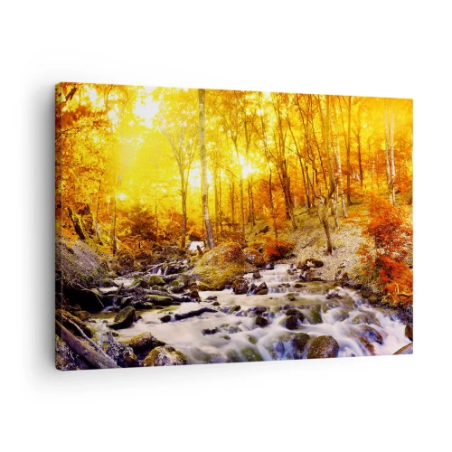 Tablou pe pânză Canvas - Pădure de toamnă cu un pârâu printre frunze aurii - 70x50cm - Pietre montate în aur și platină - Decorațiune modernă pentru perete pentru living și dormitor ARTTOR