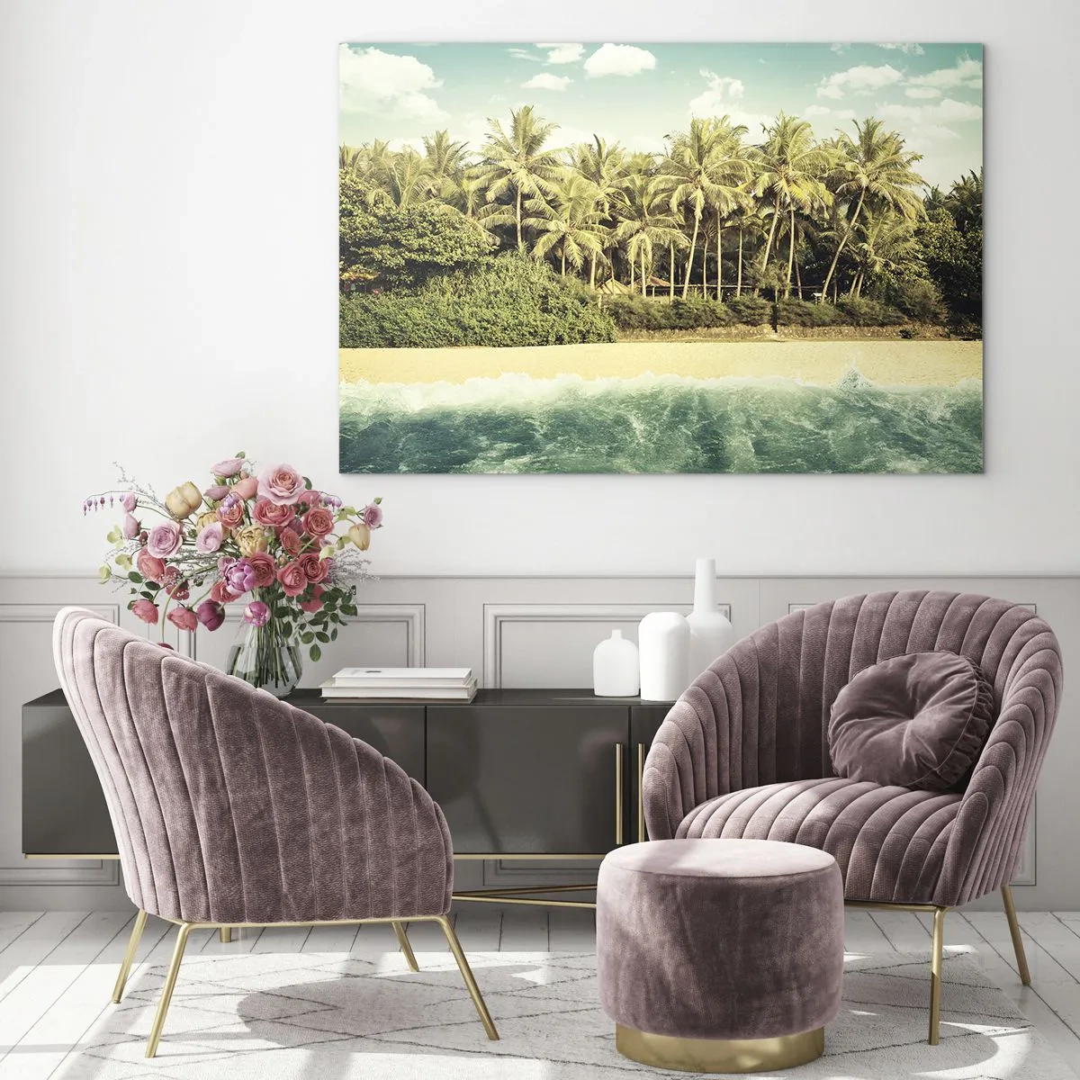 Tablou pe sticlă - O plajă exotică cu palmieri și o mare turcoaz într-o zi însorită - 70x50cm - Ce zici de aici? - Decorațiune modernă pentru perete pentru living și dormitor ARTTOR