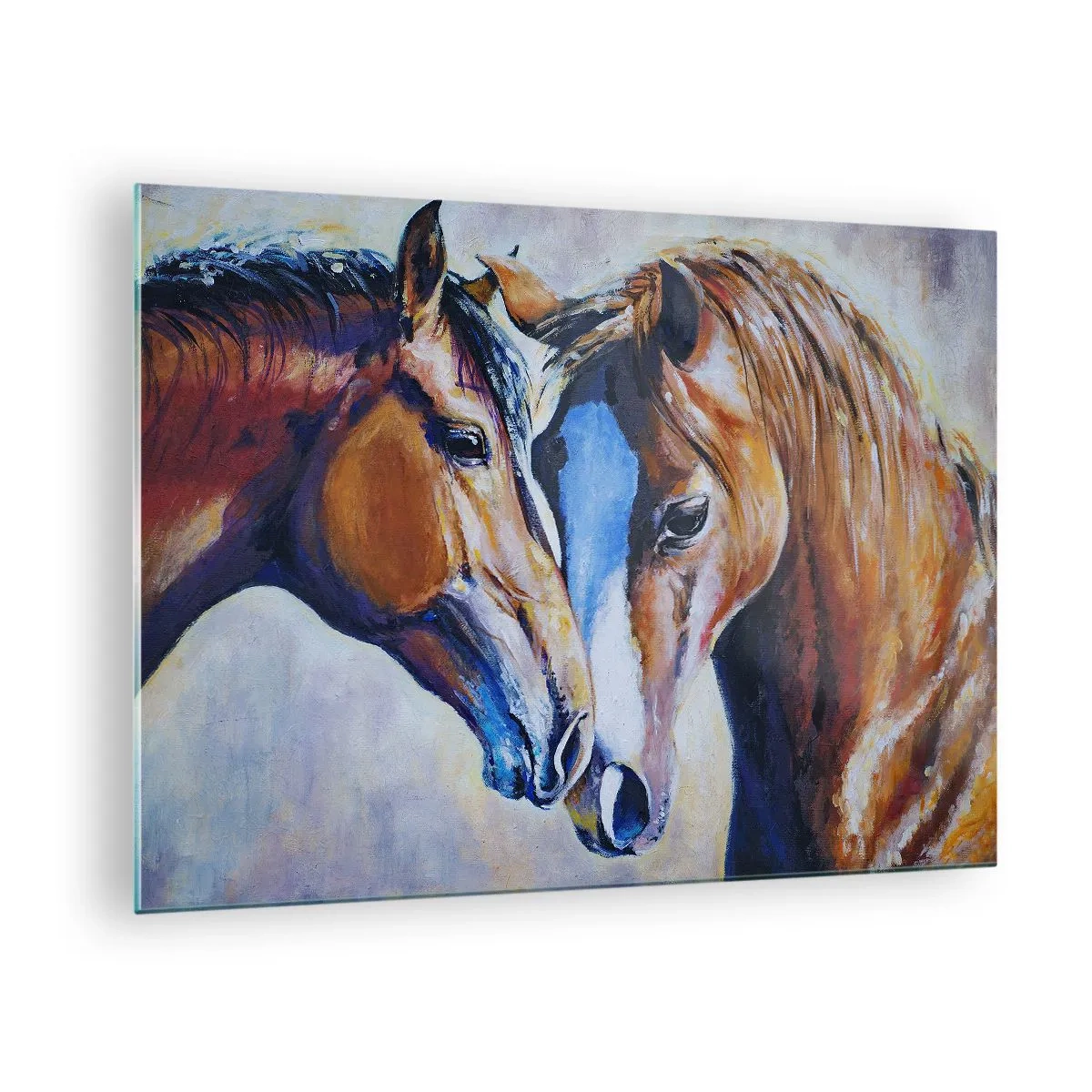 Tablou pe sticlă - Doi cai într-un gest tandru de apropiere - 70x50cm - Două suflete apropiate - Decorațiune modernă pentru perete pentru living și dormitor ARTTOR