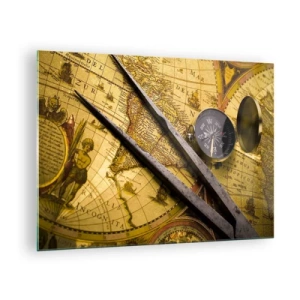 Tablou pe sticlă - Hartă veche cu busolă și busolă - 70x50cm - Unde sunt aceste comori? - Decorațiune modernă pentru perete pentru living și dormitor ARTTOR