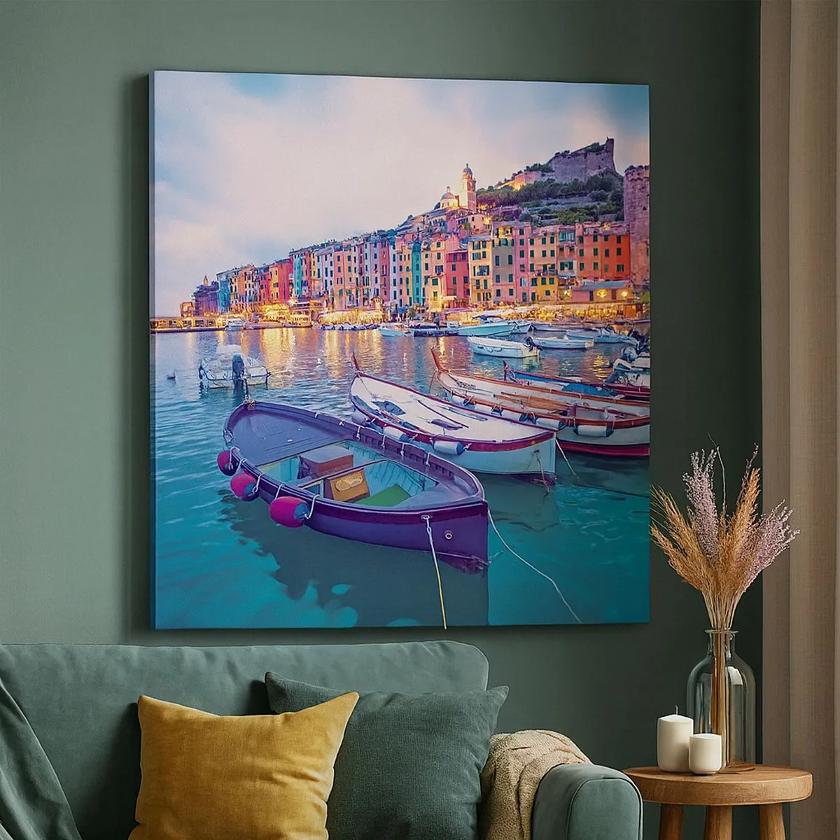 Tablou pe pânză - O seară plină de culoare în port - 30x30 cm