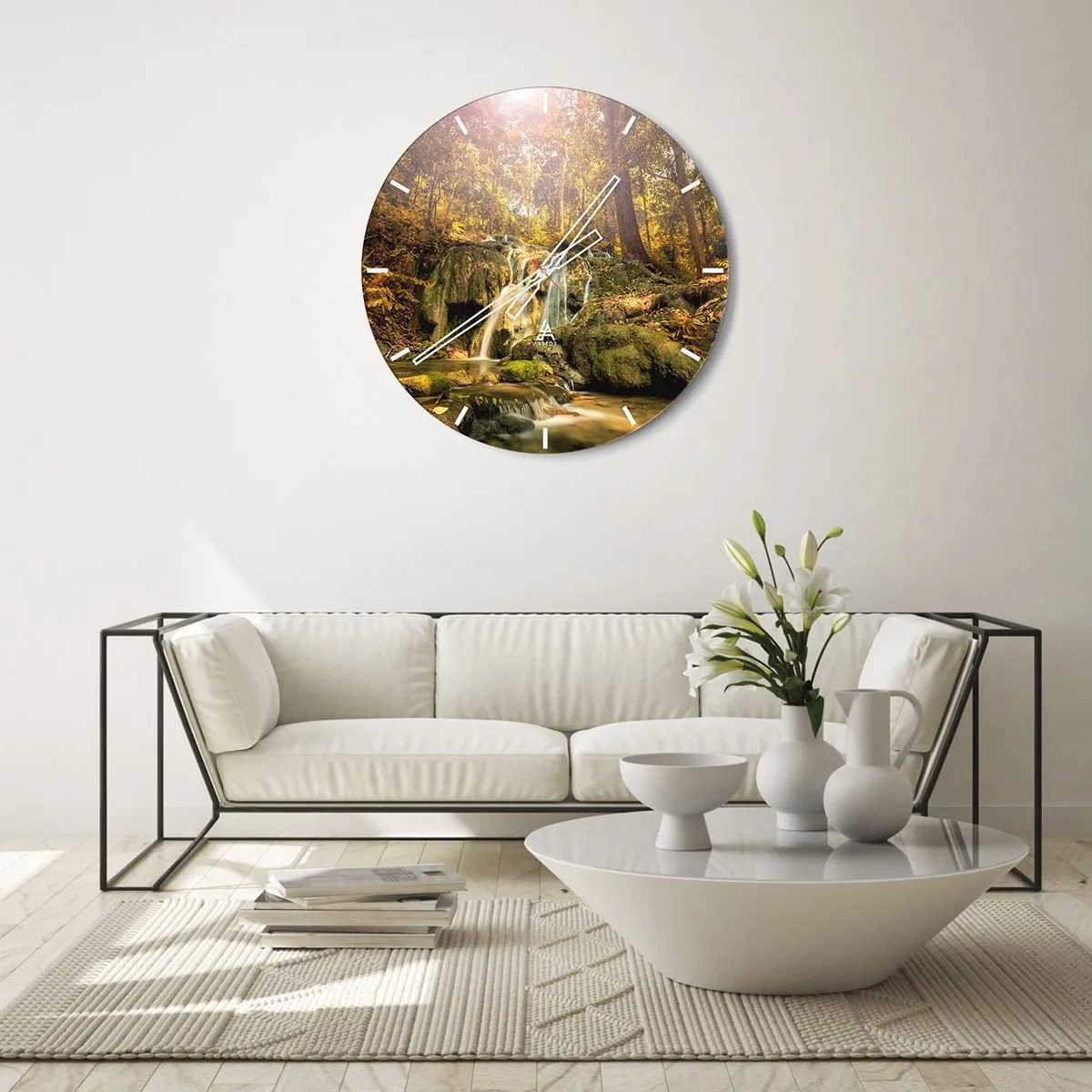 Ceas de perete - Ceas pe sticlă - Cascadă în pădure la soare - 30x30cm - Cascada de pădure în verde - Decorațiune modernă pentru perete pentru living, bucătărie și dormitor ARTTOR