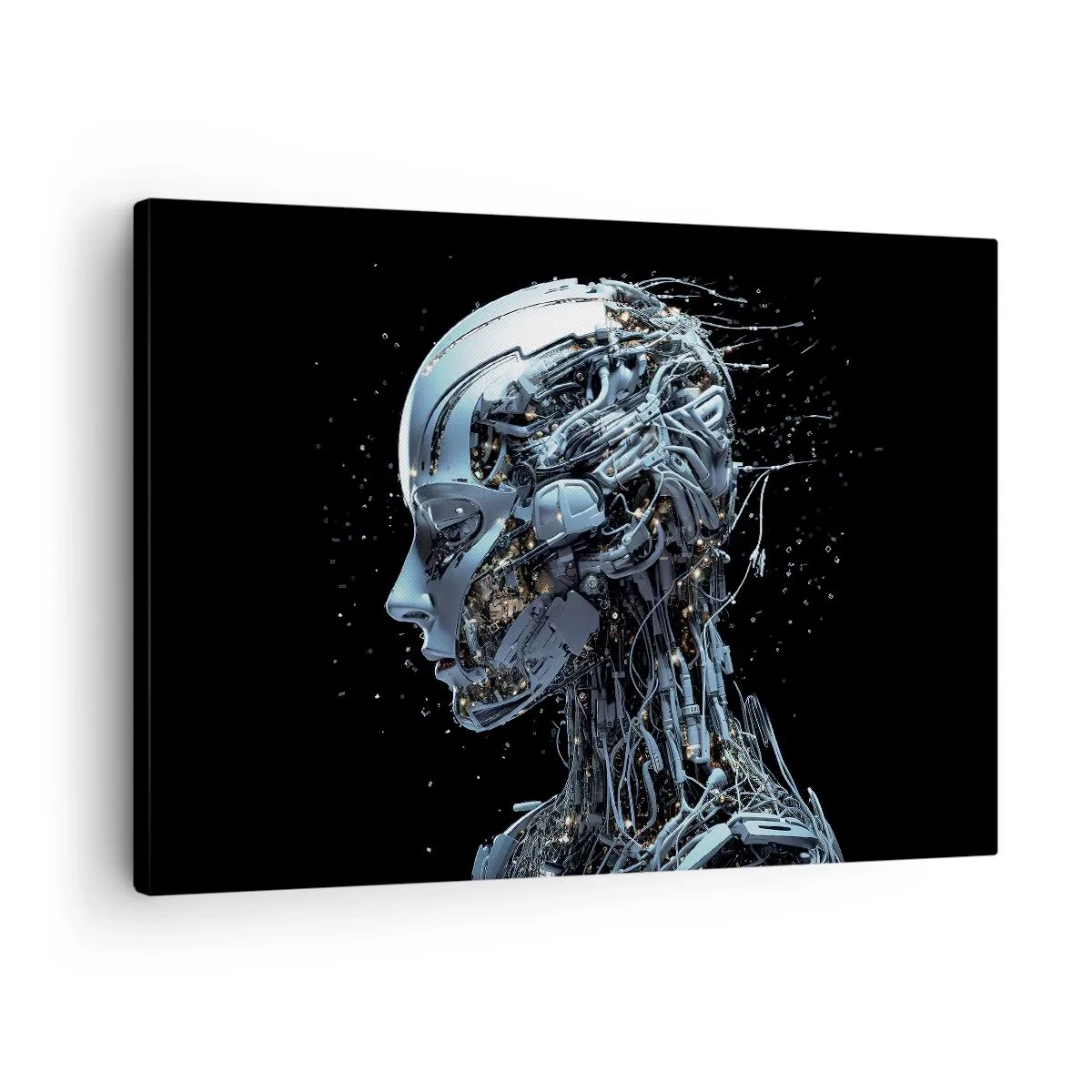 Tablou pe pânză Canvas - Portret futurist al unui cyborg în stil industrial pe fundal negru. - 70x50cm - Tehnologia este o femeie - Decorațiune modernă pentru perete pentru living și dormitor ARTTOR