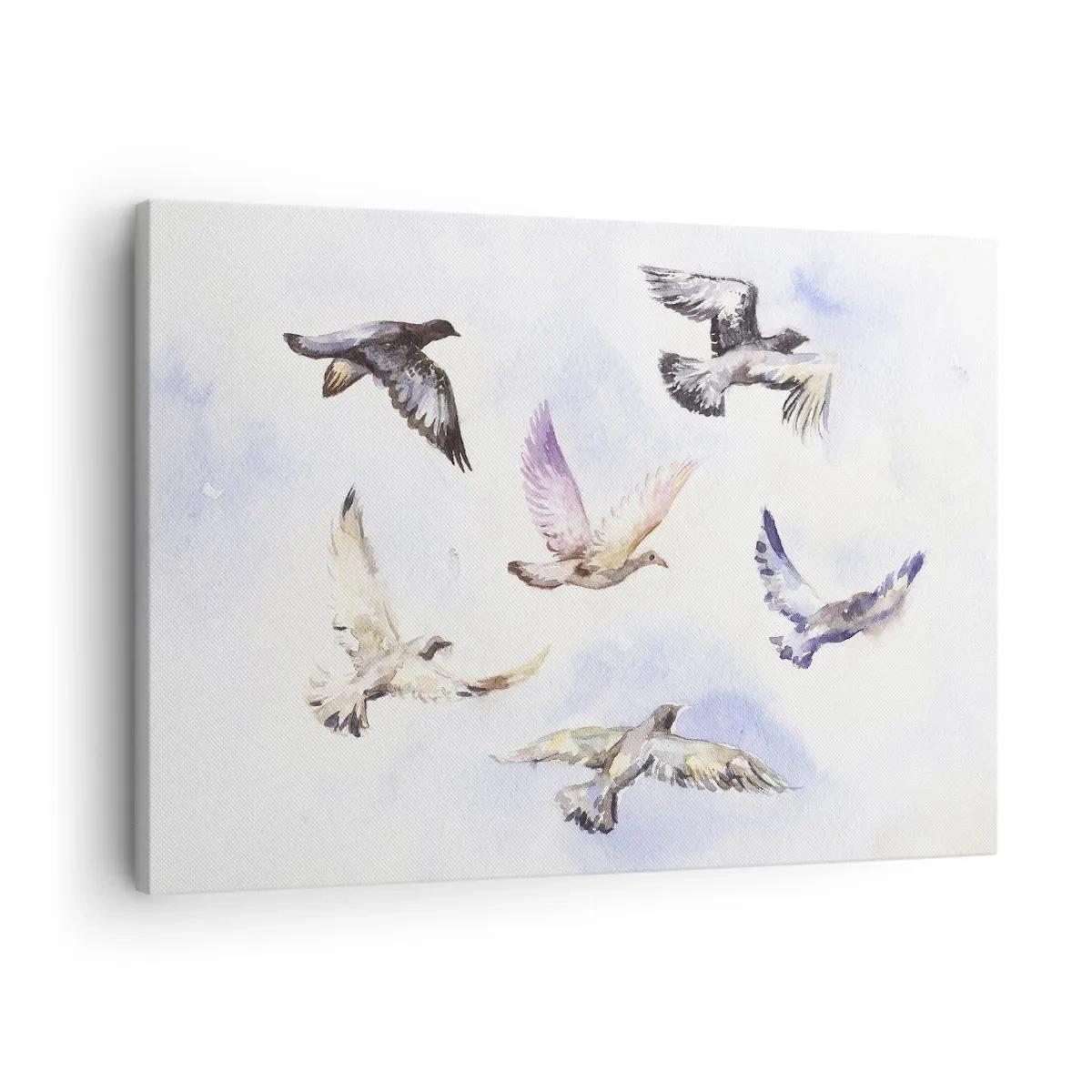 Tablou pe pânză Canvas - Păsări în acuarelă în zbor pe un cer delicat - 70x50cm - Libertatea în gri și albastru - Decorațiune modernă pentru perete pentru living și dormitor ARTTOR