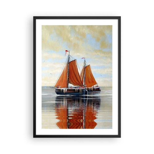 Poster în ramă neagră - Bărci cu pânze pe ape calme cu vele roșii - 50x70cm - Hei, marinarule, navighează... - Decorațiune modernă pentru perete pentru living și dormitor ARTTOR