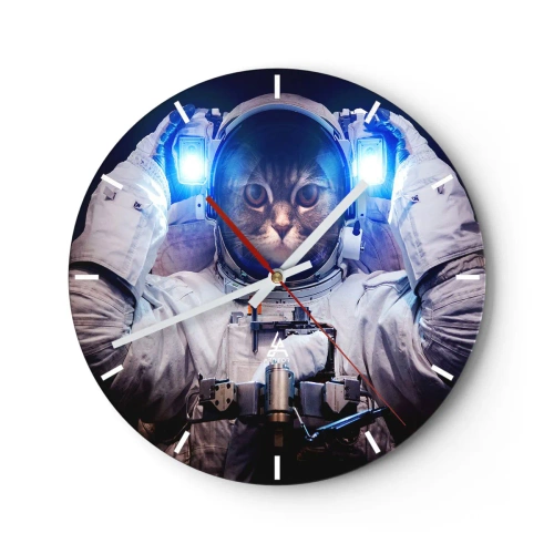 Ceas de perete - Ceas pe sticlă - O pisică într-un costum de astronaut cu o lumină albastră în fundal. - 30x30cm - Houston, aveți o problemă - Decorațiune modernă pentru perete pentru living, bucătărie și dormitor ARTTOR