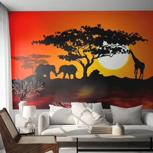 Tapet Premium Canvas - Întâlnire în savană - Animale, Africa, Girafă - 350x256 cm