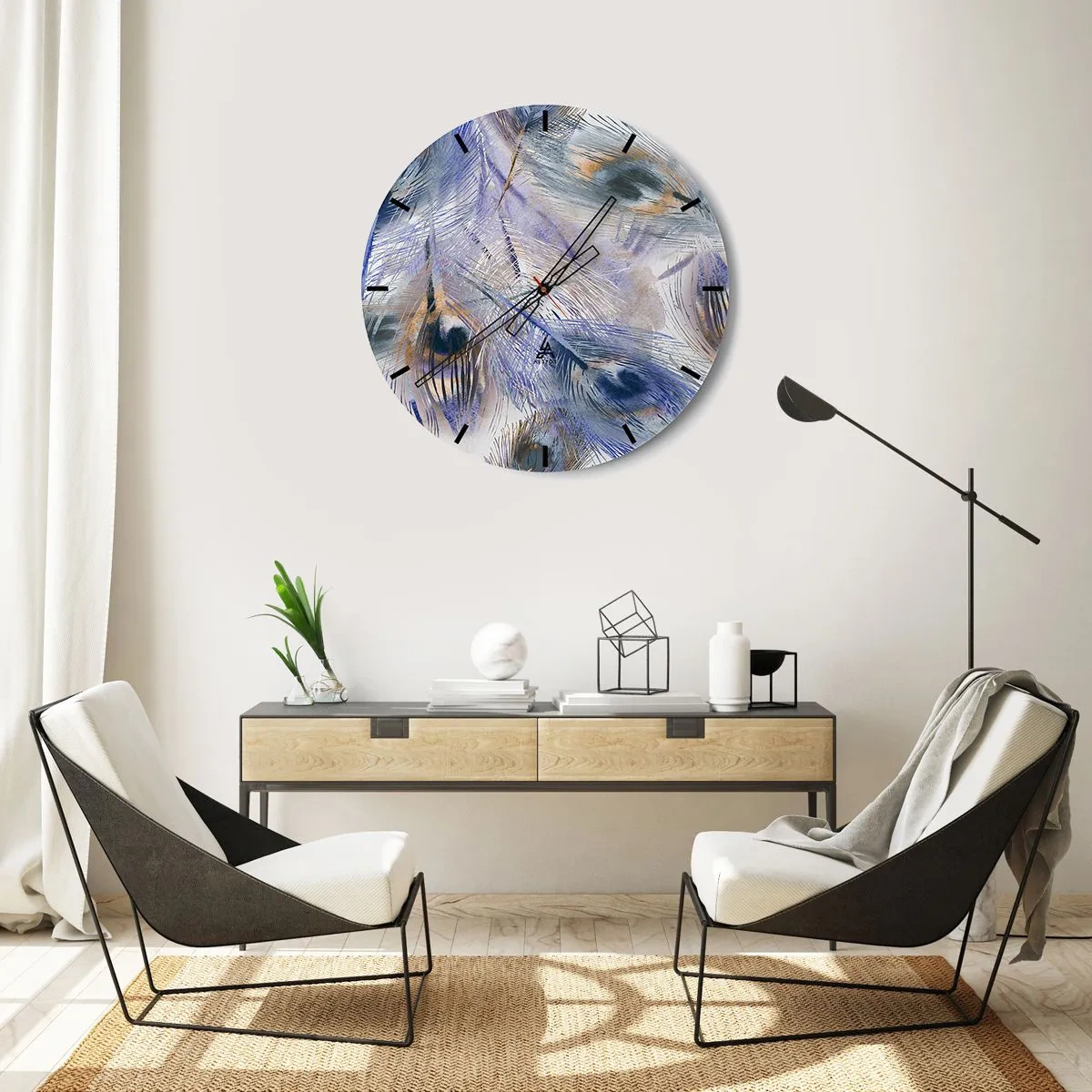 Ceas de perete - Ceas pe sticlă - O compoziție inspirată de pene de păun într-un stil artistic - 30x30cm - Compoziția penelor de păun - Decorațiune modernă pentru perete pentru living, bucătărie și dormitor ARTTOR