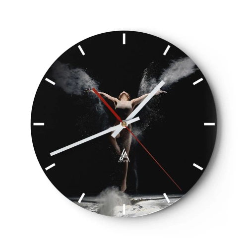 Ceas de perete - Ceas pe sticlă - O dansatoare într-o poză dinamică, înconjurată de nori de praf. - 30x30cm - Elfii există - Decorațiune modernă pentru perete pentru living, bucătărie și dormitor ARTTOR