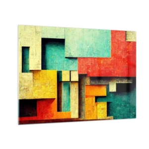 Tablou pe sticlă - Abstracție geometrică colorată realizată din dreptunghiuri - 70x50cm - Festival de unghiuri drepte - Decorațiune modernă pentru perete pentru living și dormitor ARTTOR