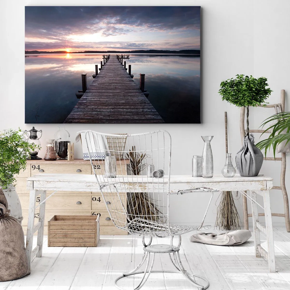 Tablou pe pânză Canvas - Un dig pe un lac la apus, într-un peisaj liniștit - 70x50cm - Granița tăcută dintre zi și noapte - Decorațiune modernă pentru perete pentru living și dormitor ARTTOR
