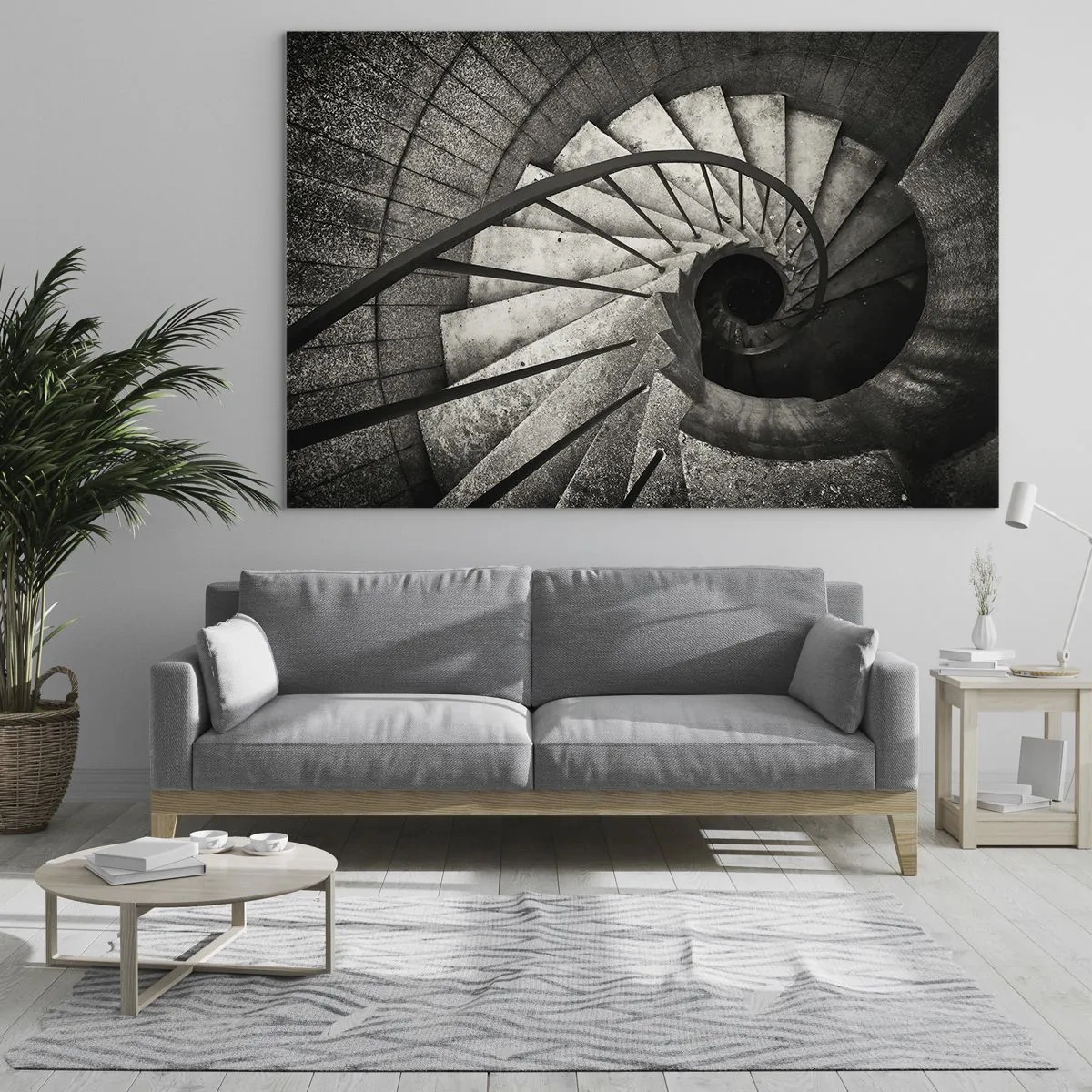 Tablou pe sticlă - O scară în spirală alb-negru din vedere de pasăre - 70x50cm - În sus și în jos - Decorațiune modernă pentru perete pentru living și dormitor ARTTOR