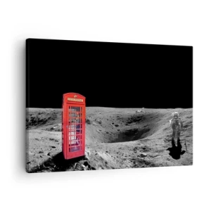 Tablou pe pânză Canvas - Cabină telefonică roșie pe Lună - 70x50cm - Glumă cosmică - Decorațiune modernă pentru perete pentru living și dormitor ARTTOR