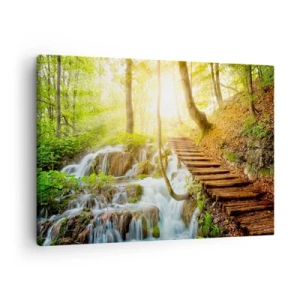 Tablou pe pânză Canvas - Cale de pădure cu scări de lemn lângă cascadă - 70x50cm - Răcirea dorită - Decorațiune modernă pentru perete pentru living și dormitor ARTTOR