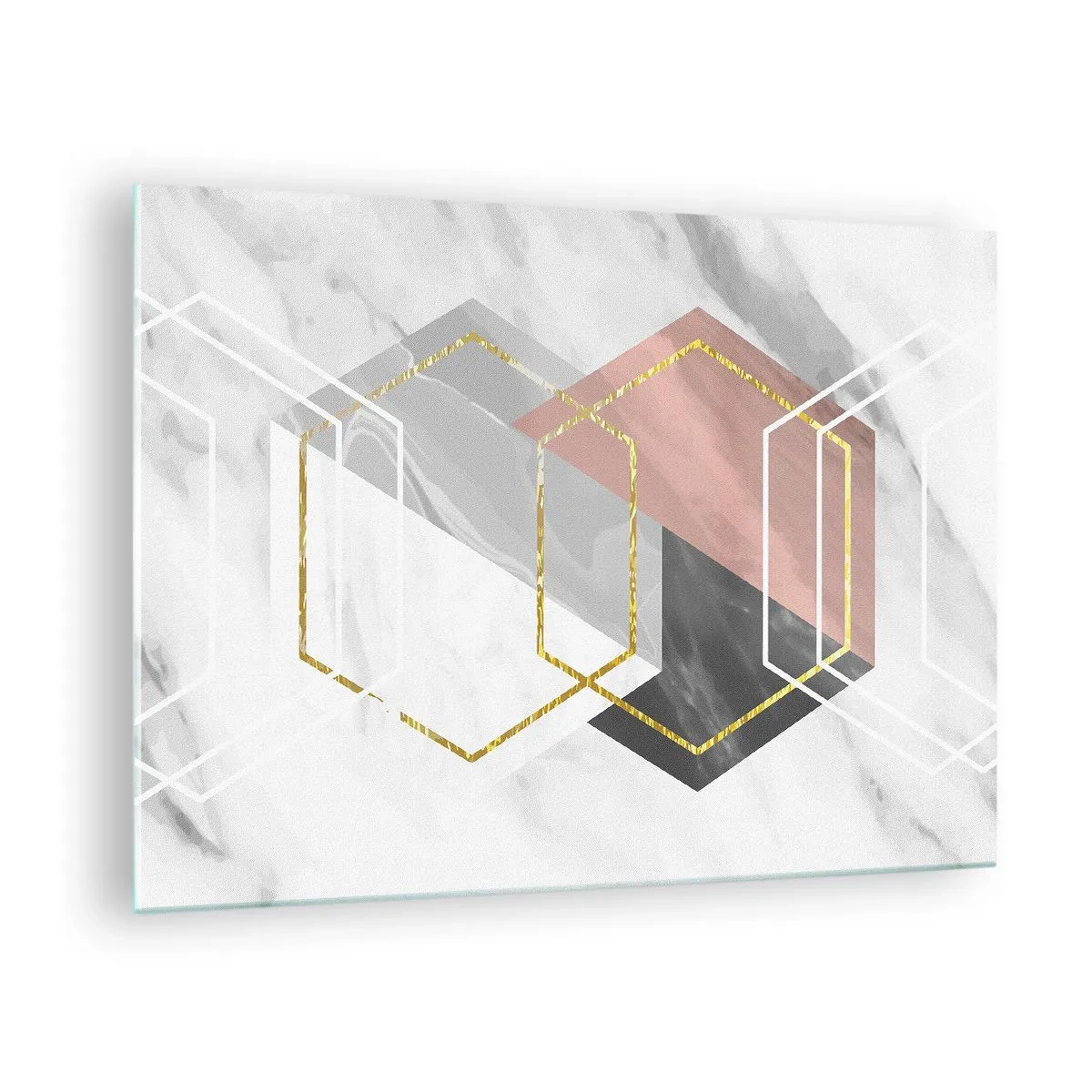 Tablou pe sticlă - Forme geometrice aurii pe un fundal de marmură - 70x50cm - Compoziția lanțului - Decorațiune modernă pentru perete pentru living și dormitor ARTTOR