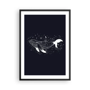 Poster în ramă neagră - O balenă spațială într-un stil grafic pe un fundal negru - 50x70cm - În oceanul universului - Decorațiune modernă pentru perete pentru living și dormitor ARTTOR