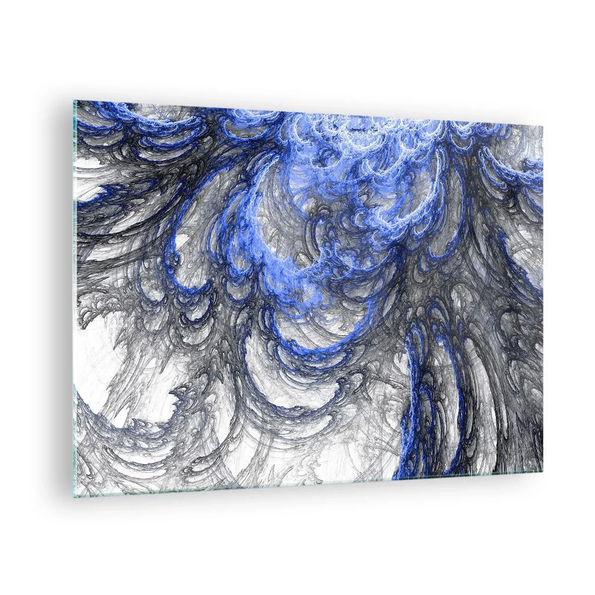 Tablou pe sticlă - Abstracție dinamică în nuanțe de albastru și gri - 70x50cm - Nașterea unui val - Decorațiune modernă pentru perete pentru living și dormitor ARTTOR