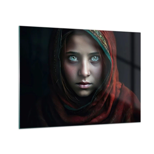 Tablou pe sticlă - Portretul unei femei într-o eșarfă roșie pe un fundal întunecat - 70x50cm - Prințesa orientală - Decorațiune modernă pentru perete pentru living și dormitor ARTTOR