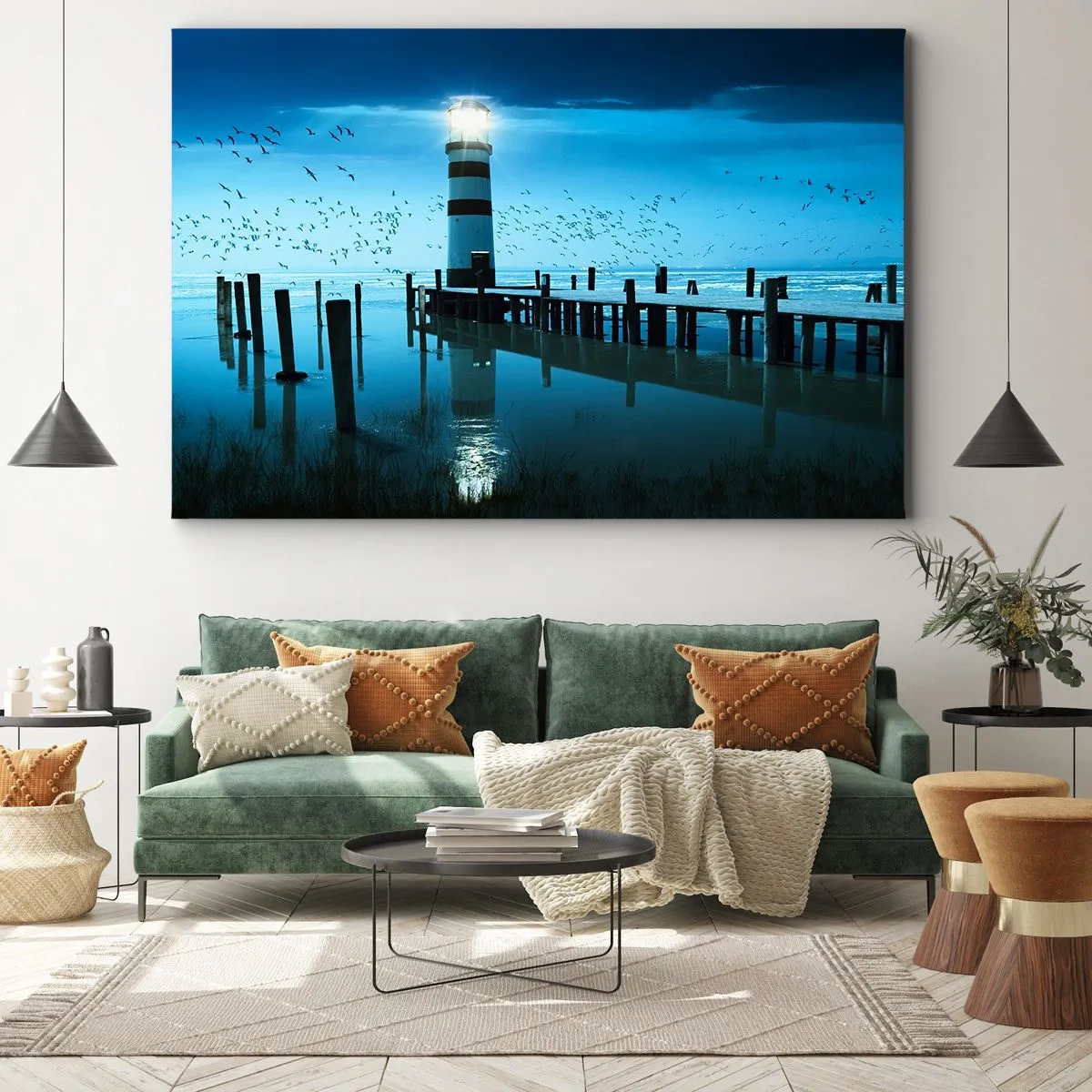 Tablou pe pânză Canvas - Farul de la dig iluminat noaptea - 70x50cm - Și nu ți-e frică de întuneric - Decorațiune modernă pentru perete pentru living și dormitor ARTTOR