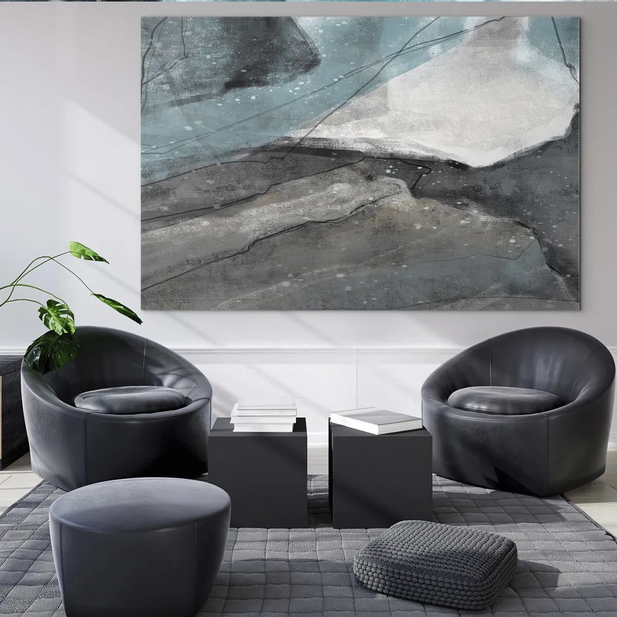 Tablou pe sticlă - O reprezentare abstractă a rocilor și gheții într-o paletă de culori reci. - 70x50cm - Abstracție: roci și gheață - Decorațiune modernă pentru perete pentru living și dormitor ARTTOR