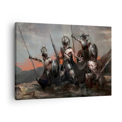 Tablou pe pânză Canvas - Un grup de războinici în armură cu sulițe pe fundalul apusului de soare - 70x50cm - Cu scut sau fără scut - Decorațiune modernă pentru perete pentru living și dormitor ARTTOR