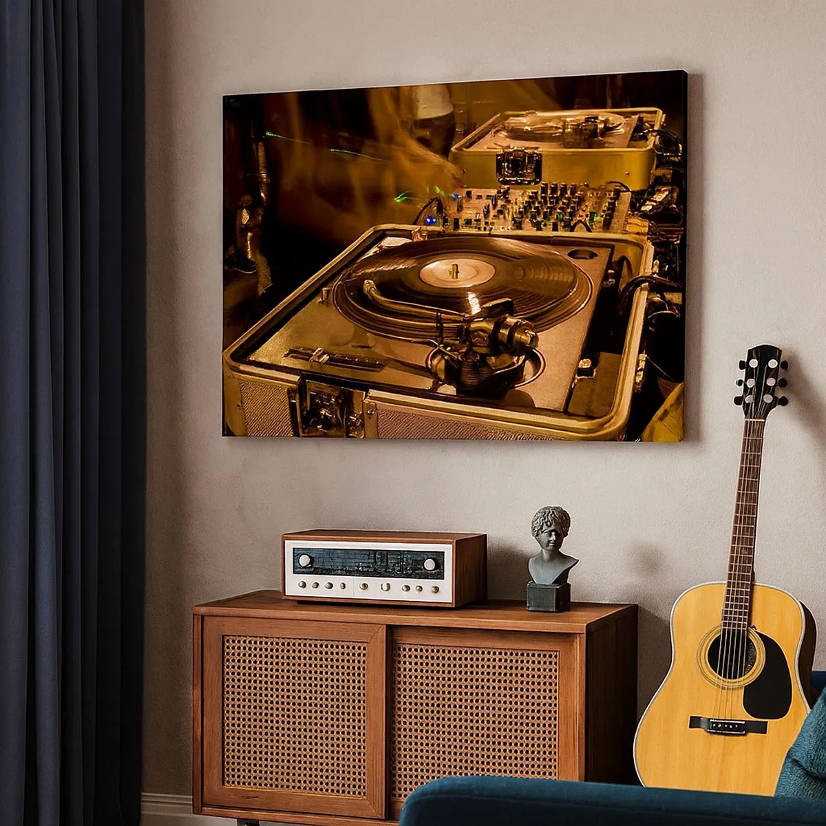 Tablou pe pânză Canvas - Echipament DJ cu platan și mixer în timpul unei petreceri - 70x50cm - Simți această putere? - Decorațiune modernă pentru perete pentru living și dormitor ARTTOR