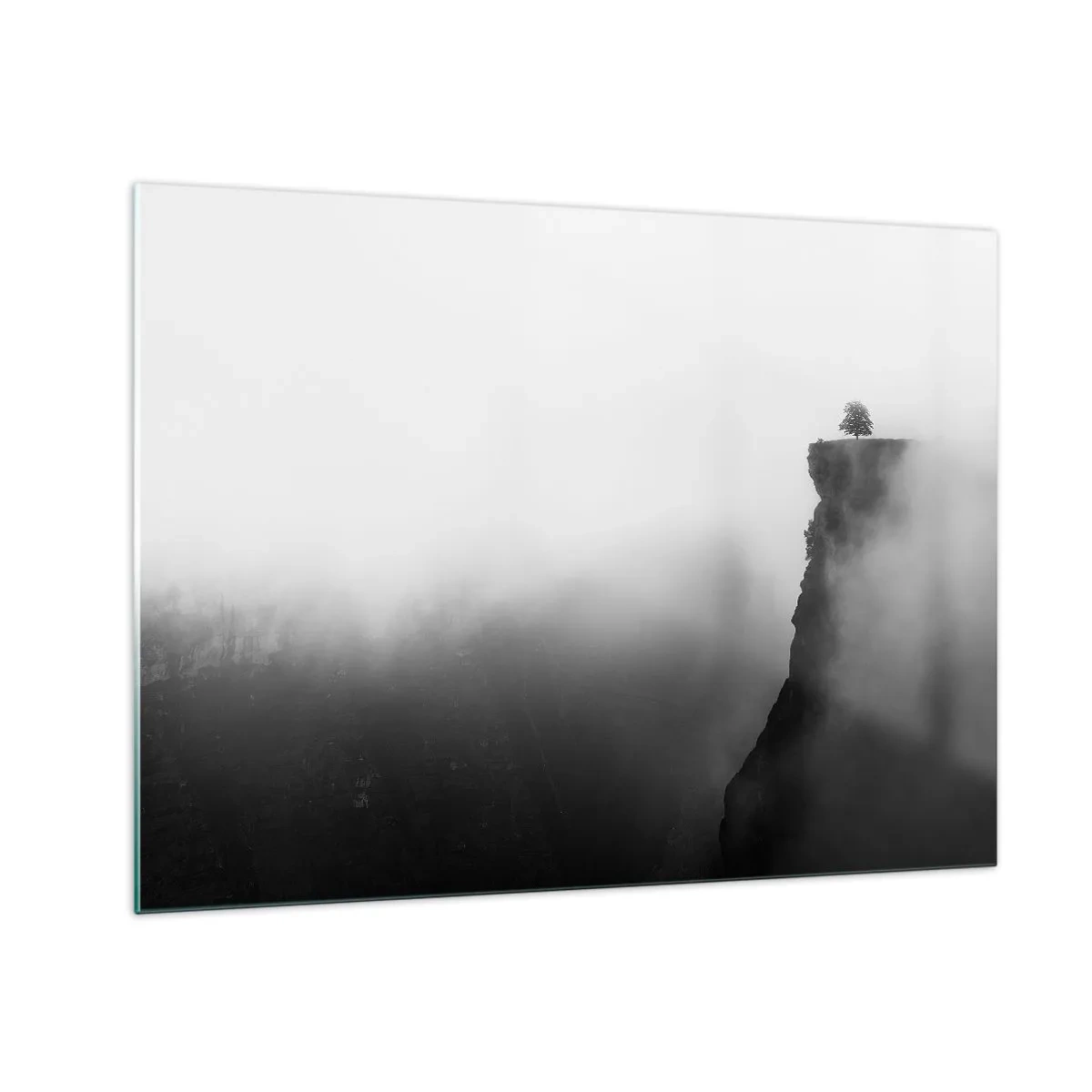 Tablou pe sticlă - Un copac singuratic pe marginea unei stânci în ceață densă - 70x50cm - La capătul lumii - Decorațiune modernă pentru perete pentru living și dormitor ARTTOR