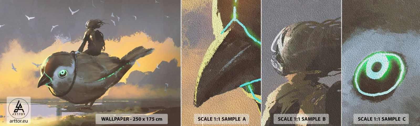 Mostră tapet Premium Sand - O oprire într-o călătorie fantastică - Abstracția, Pasăre, Fantezie - 100x30 cm