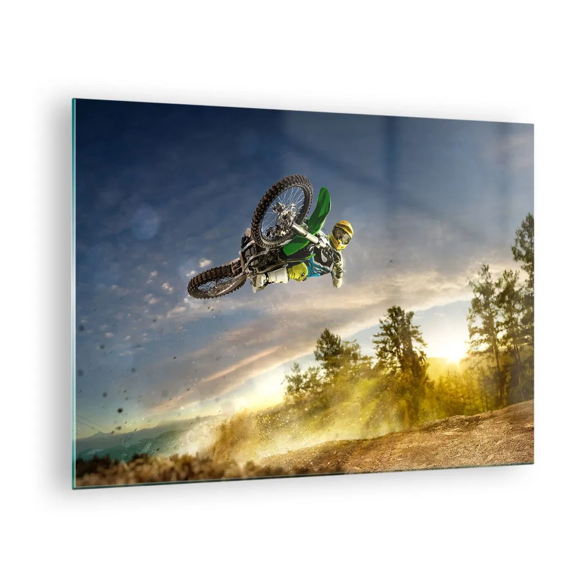 Tablou pe sticlă - Un motociclist în acțiune pe fundalul apusului de soare - 70x50cm - Porniți emoțiile! - Decorațiune modernă pentru perete pentru living și dormitor ARTTOR