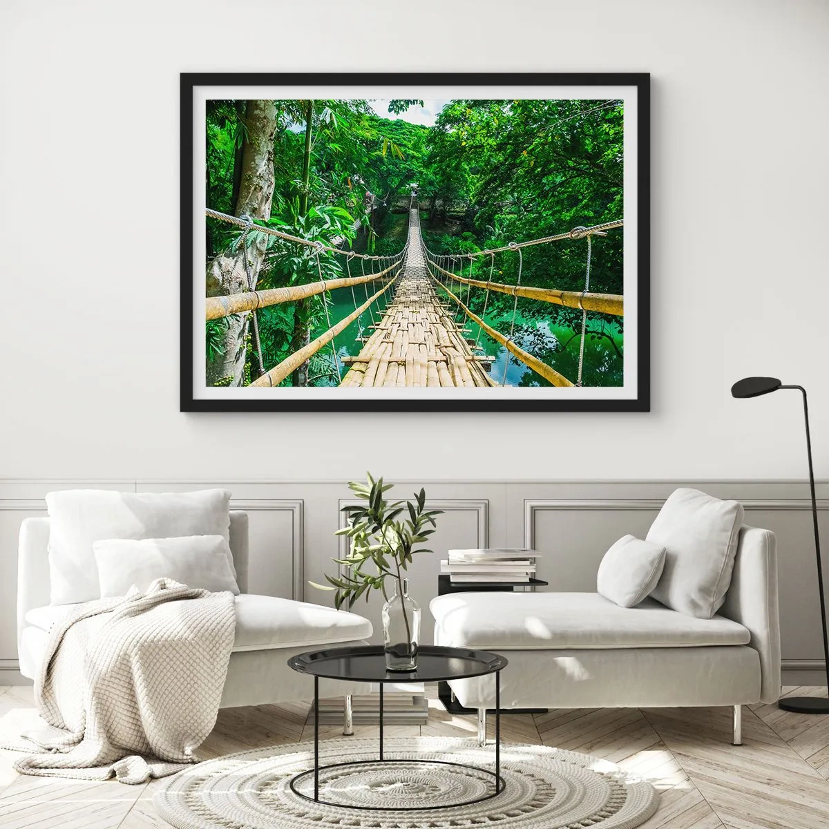 Poster în ramă neagră - Pod de maimuțe peste verdeață - 40x30 cm
