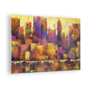 Tablou pe sticlă - O metropolă abstractă în culori calde cu accente de violet. - 70x50cm - Compoziția metropolitană - Decorațiune modernă pentru perete pentru living și dormitor ARTTOR