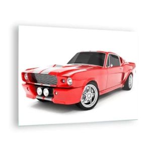 Tablou pe sticlă - Mașină sport Mustang clasică roșie - 70x50cm - Mustang la fel de rapid ca vântul - Decorațiune modernă pentru perete pentru living și dormitor ARTTOR
