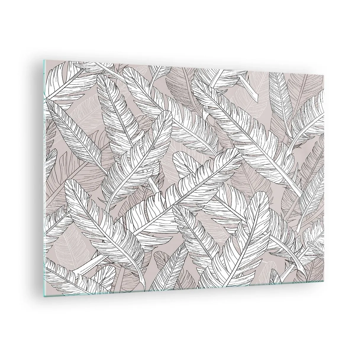 Tablou pe sticlă - Frunze alb-negru pe fundal bej într-un stil grafic - 70x50cm - Vijelie cu pene - Decorațiune modernă pentru perete pentru living și dormitor ARTTOR