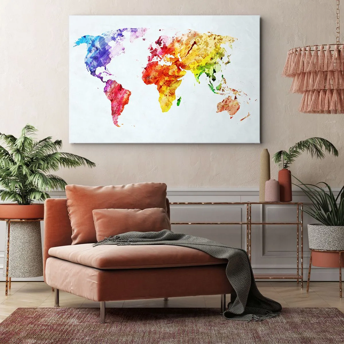Tablou pe pânză Canvas - Hartă a lumii în acuarelă colorată - 70x50cm - Toate culorile lumii - Decorațiune modernă pentru perete pentru living și dormitor ARTTOR