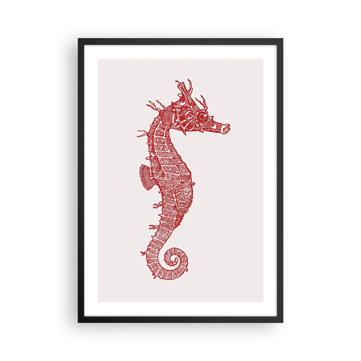 Poster în ramă neagră - Căluț de mare steampunk roșu pe fundal deschis - 50x70cm - Creatură complexă - Decorațiune modernă pentru perete pentru living și dormitor ARTTOR