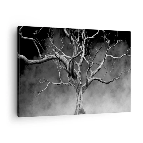 Tablou pe pânză Canvas - Un copac uscat în alb și negru pe fundalul ceții - 70x50cm - Primare și sacre - Decorațiune modernă pentru perete pentru living și dormitor ARTTOR