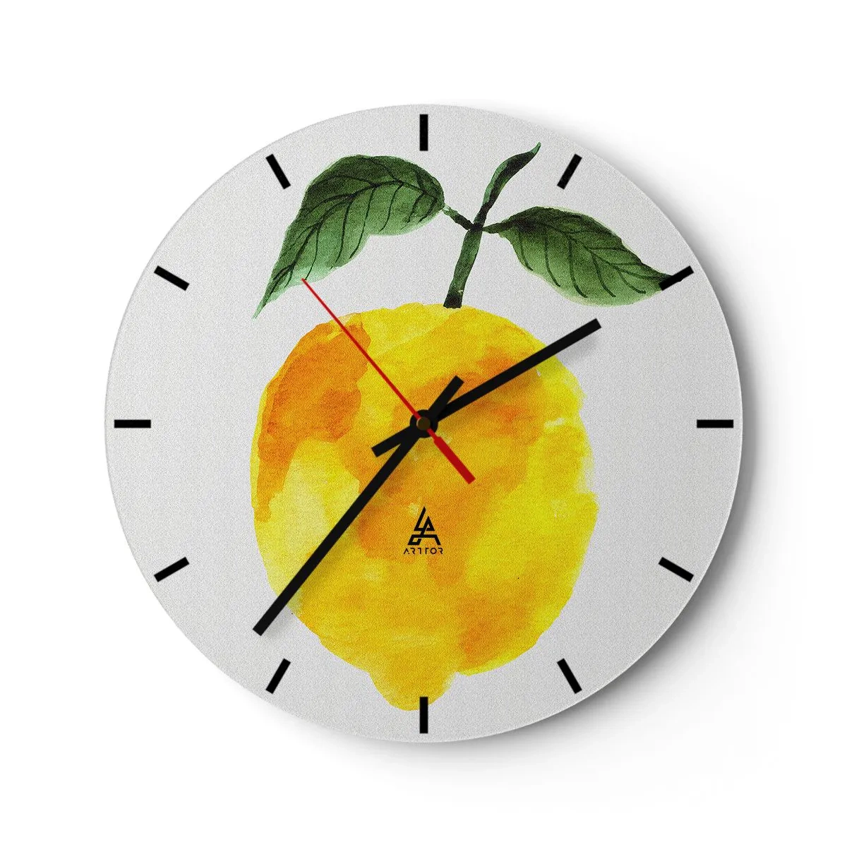 Ceas de perete - Ceas pe sticlă - Lămâie galbenă cu frunze verzi în stil acuarelă - 30x30cm - Cum să simțiți gustul soarelui - Decorațiune modernă pentru perete pentru living, bucătărie și dormitor ARTTOR
