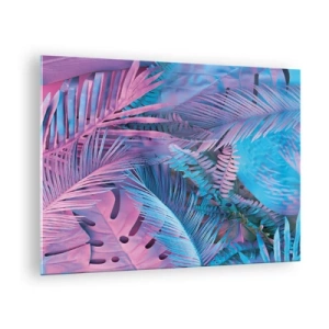 Tablou pe sticlă - Frunze tropicale în nuanțe de roz și albastru pe un fundal neon - 70x50cm - Palmieri în alb și albastru - Decorațiune modernă pentru perete pentru living și dormitor ARTTOR